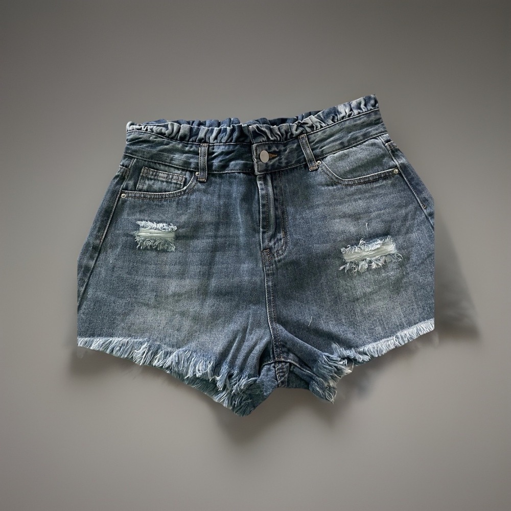 HAYDEN LOS ANGELES Denim Ripped High‎ Waisted Paperbag Shorts Raw Hem NWT
